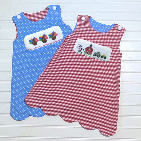 Swap-A-Smock Reversible Scalloped Jumper - Red and Blue - Smocked South
