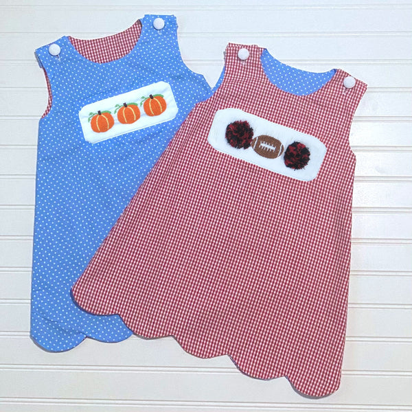 Swap-A-Smock Reversible Scalloped Jumper - Red and Blue - Smocked South