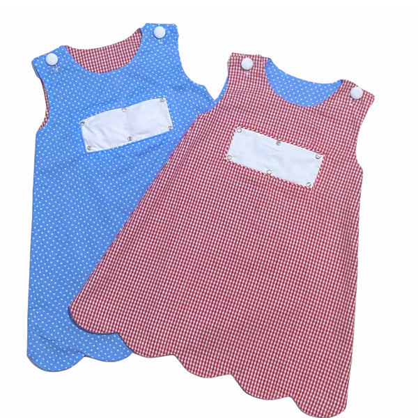Swap-A-Smock Reversible Scalloped Jumper - Red and Blue - Smocked South