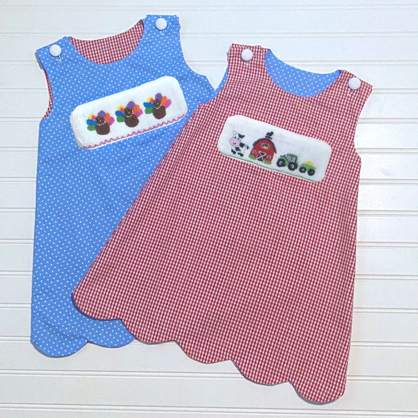 Swap-A-Smock Reversible Scalloped Jumper - Red and Blue - Smocked South